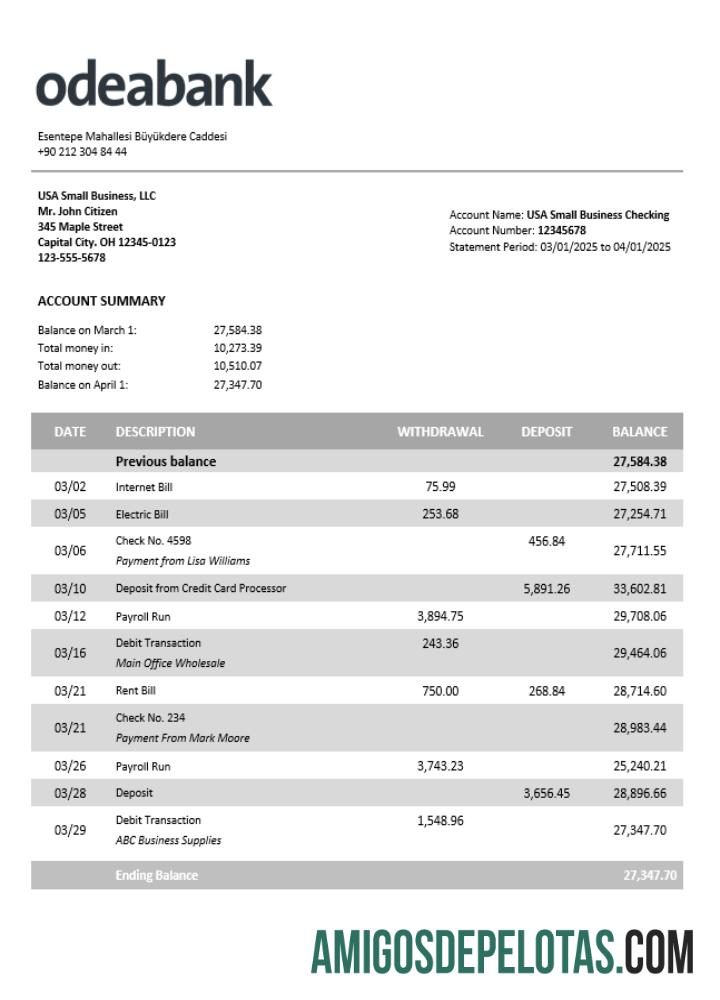 Em branco Turquia Odeabank Firm modelo de extrato de conta Word e PDF